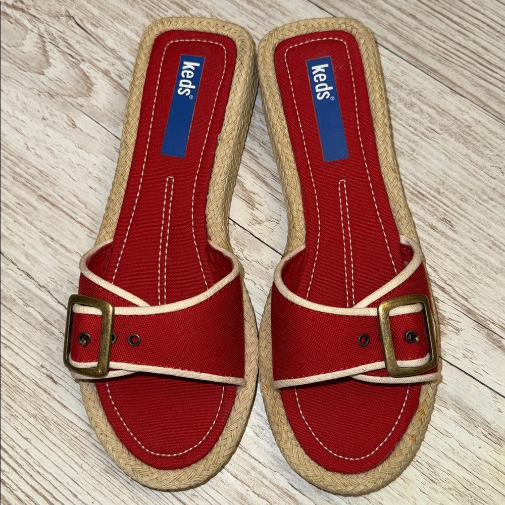 Vintage KEDS Red Espadrille Jute & Canvas Flatform Sandal Buckle Detail Slides 5